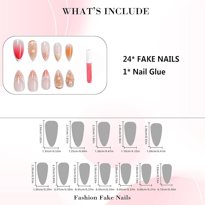 IMRAIN Orange Press on Nails Medium Almond Fake Nails 3D Orange & Flower False Nails with Designs Summer Acrylic Nail Supplies Full Cover Glossy French Glue on Nails for Women Manicure 24Pcs