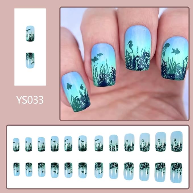 Summer Press On Nails Medium Square Fake Nails Sea Grass With Fish Sea Horse Design Ombre False Nails Acrylic Artificial Nails Blue Glue On Nails Full Cover Stick On Nails For Women Manicure 24pcs