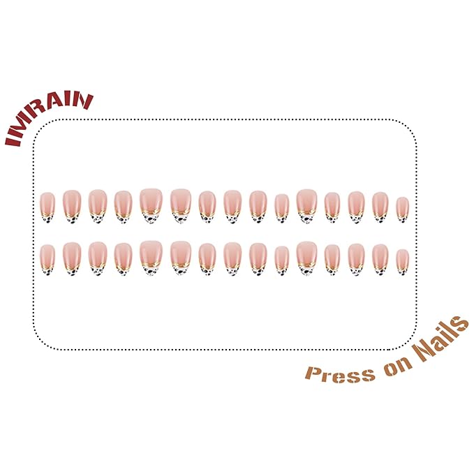 IMRAIN Press on Nails Almond Medium Fake Nails Leopard Print False Nails with Golden Edge Designs Glossy Gel Handmade Glue on Nails for Women Girls 24Pcs Full Cover Stick on Nails