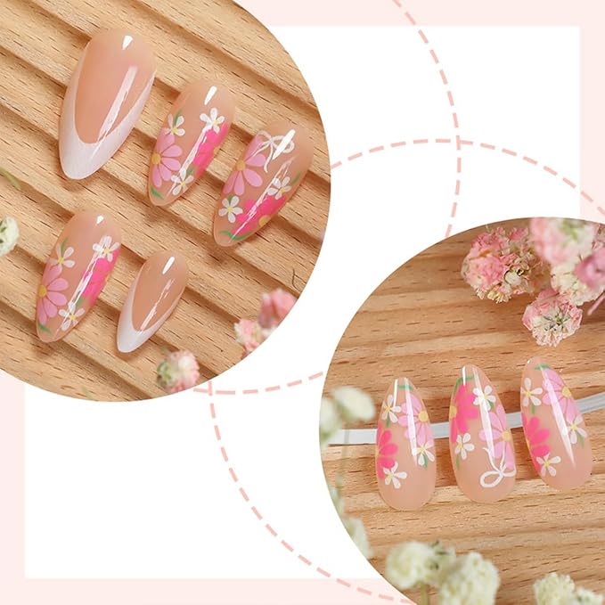 24Pcs Colour Flower Press on Nails Medium Almond Fake Nails White French Tip False Nails Nude Full Cover Artificial Glue on Nails Spring Stick on Nails Reusable Artificial Nails for Women DIY Manicure