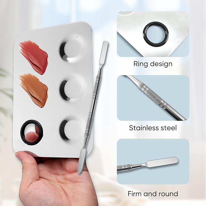 Stainless Steel Cosmetic Palette with Spatula, 3-well Mixing
