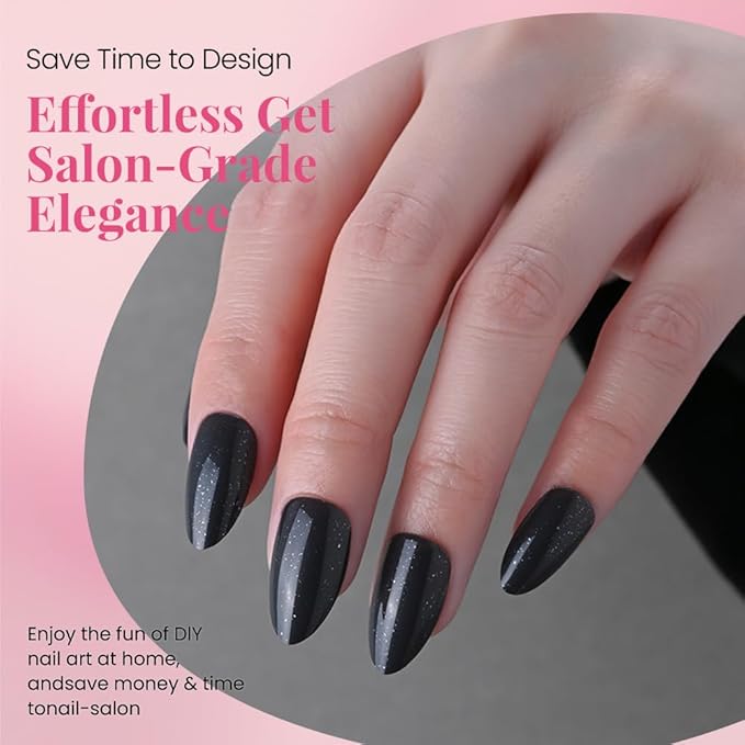 evpct Press on Nails Almond Short, Black Glitter Shimmer Shiny Short Almond Fake Nails for Women Gift, Soft Gel Press Glue On Nails with Nail Glue, 30Pcs Reusable Acrylic Fake Nail Manicure Kit