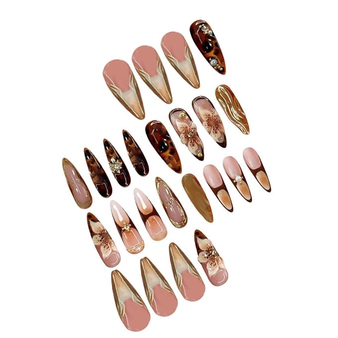 Long Almond Press on Nails Gold Fake Nails with 3D Floral Luxury Acrylic False Nail Stick on Nail for Women 24pcs
