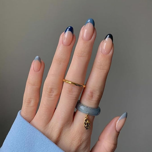 Colorful Blue French Tip Press on Nails Short Almond Nails Press ons, Short Fake Nails Almond Shaped Acrylic French Glue on Nails False Nail for Women, Natural Stiletto Nail 15 Sizes