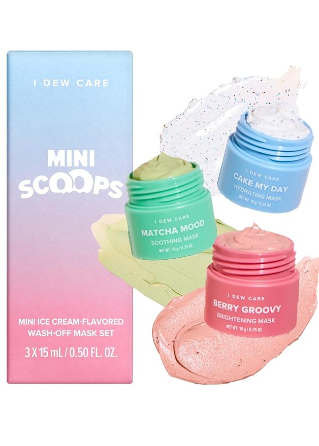 I DEW CARE Mini Scoops Wash Off Face Mask Skin Care Trio + Brown Bear Spa and Makeup Headband + Soft Silicone Face Mask Brush Bundle