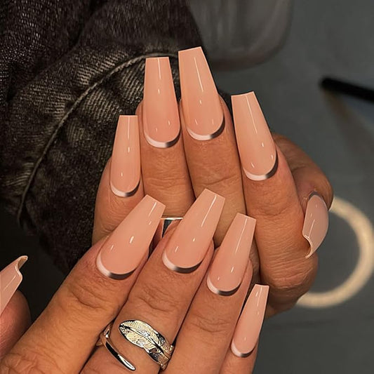 Yivaiks Pink Press on French Tip Nails Coffin Nails Press ons Fake Nails with Glue on Nails Acrylic Stick on False Nail Tips Kit 24pcs