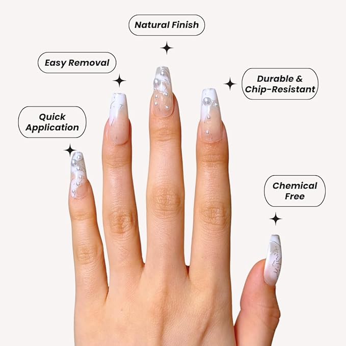 Perfect Look Press On Nails - Pearl Marble | No Glue One-Day Long Coffin Nails, Nude Marble Nails with Pearl Accents - 24 Pcs Nail Kit with Adhesive Tabs