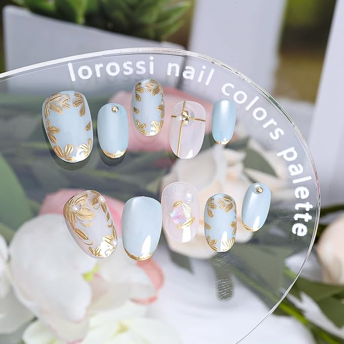 24Pcs Gold French Tip Fake Nails Short Press on Nails Gilded Flower Leaves Full Cover Glossy False Nails with 3D Rhinestones Glue on Nails Glitter Fall Floral Artificial Nails for Women Manicure Kit