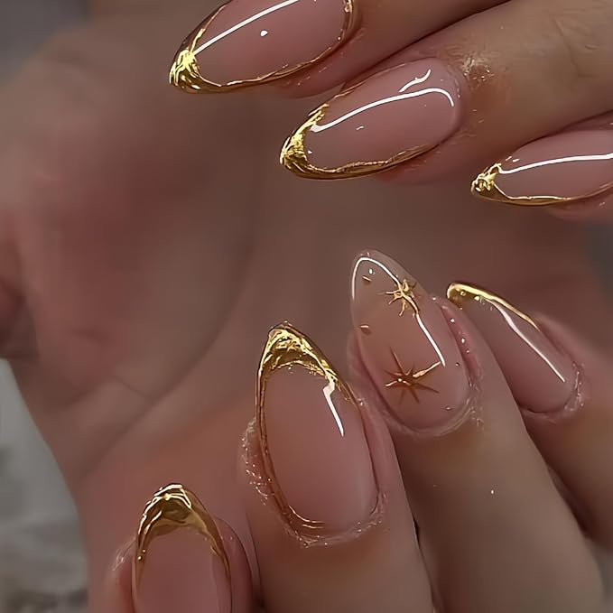 Gold Press on Nails Medium Almond Fake Nails Gold Line Design Stick on Nails French Tip False Nails Handmade Artificial Acrylic Glue On Nail for Women Nail Art Decoration 24Pcs