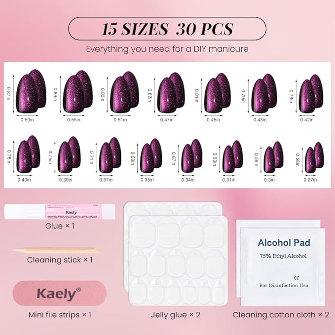evpct Dark Blue Purple Press on Nails Almond Short, Purple Sapphire Blue Cat Eye Glitter Press on Nails for Women Gift, Soft Gel Press Glue On Nail with Nail Glue 60Pcs Reusable Acrylic Fake Nails Kit