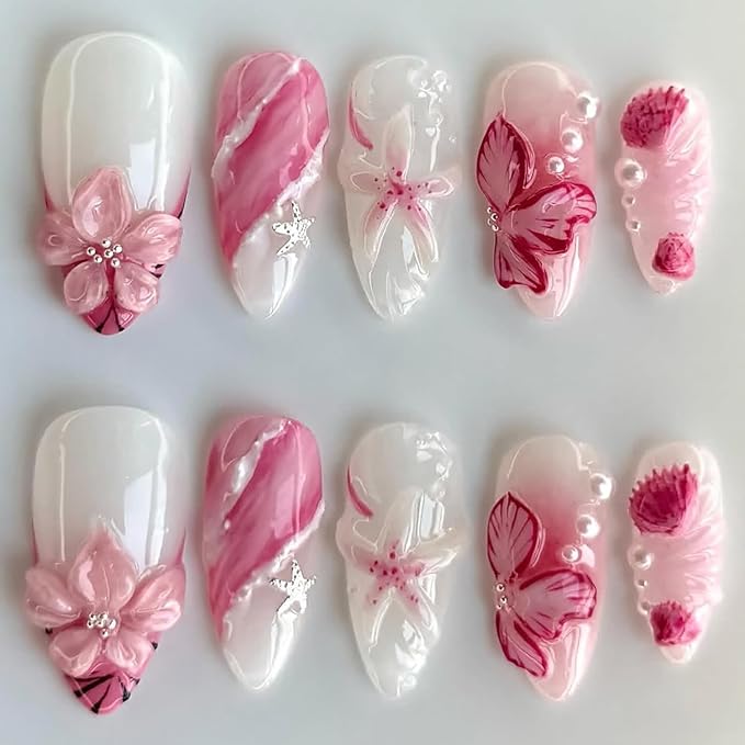 24Pcs Pink Flower Press on Nails Medium Long Almond Fake Nails 3D Flower Acrylic Nails Silver Beads Starfish Gem Spring Summer Glue on Nail Pink French Tip False Nails Cute Stick on Nail for Women