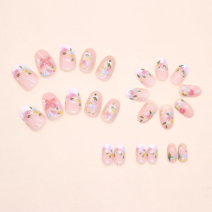 24Pcs Flower Press on Nails Short False Nails Art Summer Sweet Colorful Smudge Almond Full Cover Nude Press on Fake Nails French Short Solid Color Stick on Nails for Women Manicure