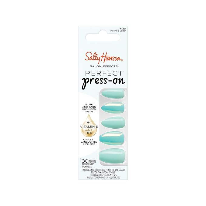 Sally Hansen Salon Effects Perfect Press-On Nails | Almond Shape | Easy to Apply, Non-Damaging | 30 Nails, Nail Glue, Adhesive Tabs, File | Making A Splash