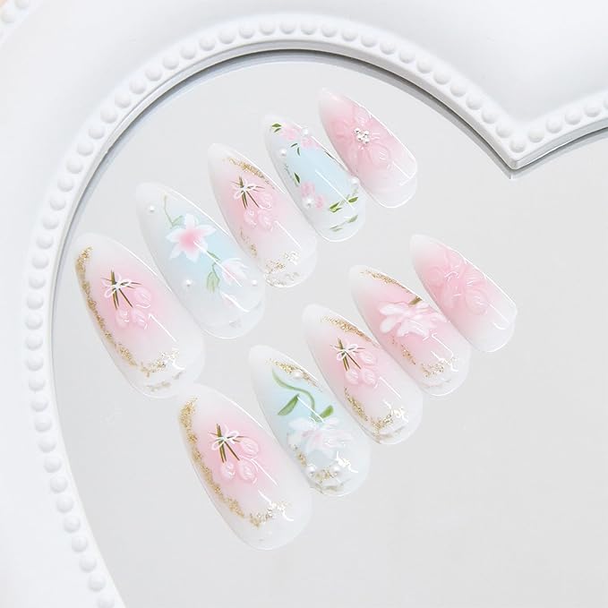 24pcs Pink Flower Press on Nails Medium Almond Fake Nails with 3D Cute Floral Pearl Designs Summer Flowers False Nails Kit Full Cover Acrylic Nail Tips Glue on Nails for Women Nail Decoration