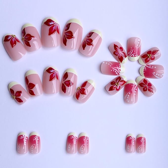 Short Almond Press on Nails French Tip Fake Nails with Wine Red Floral Hand Painted Design Stick on Nail for Women 24pcs