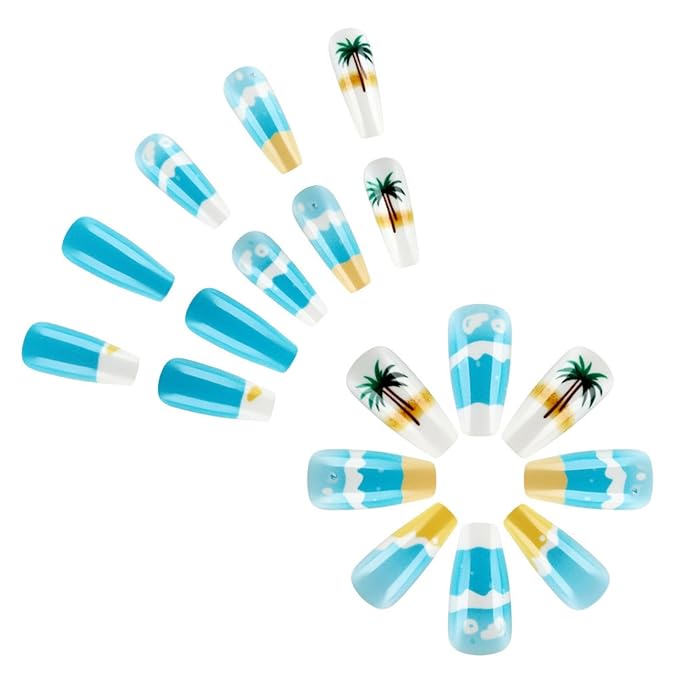Summer Press on Nails Medium Square Fake Nails with Designs Sea wave Ocean False Nails Blue Glossy Full Cover Acrylic Nails Coconut Tree Glue on Nails Artificial Stick on Nails for Women 24 Pcs