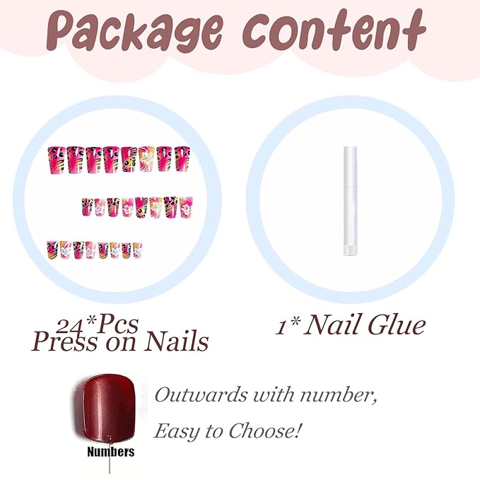 BABALAL Duck Nails Press on Fake Nails Hot Pink Glue on Nails Cheetah Y2k Acrylic Nails Hottie Gyaru False Nails with Flower Design 24Pcs Glossy Manicure Duck Bill Stick on Nails for Women Girls