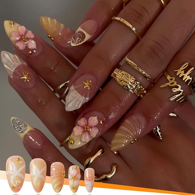 24Pcs Handmade Press on Nails Almond Medium Fake Nails with Gold Bead Starfish Charms Design Glossy Summer Glue on Nails 3D Flower Acrylic Nails Yellow Artificial French Tip Stick on Nails for Women