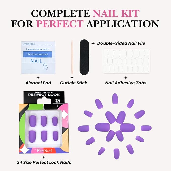 Perfect Look Press On Nails - Matte Orchid | No Glue One-Day Short Oval Nails, Matte Purple Style for Daily Chic - 24 Pcs Nail Kit with Adhesive Tabs