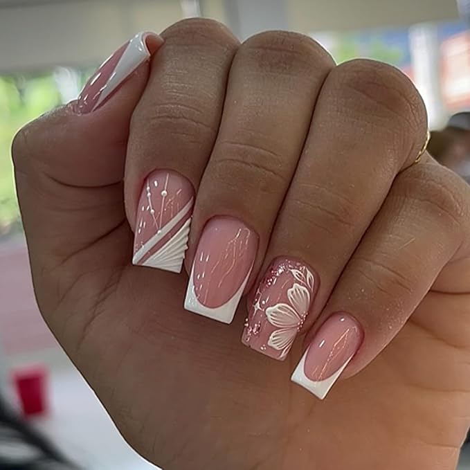 White French Tip Press on Nails Square Medium Fake Nails Flowers False Nails Pink Glossy Full Cover Acrylic Nail Floral Artificial Stick on Nail for Women Manicure DIY