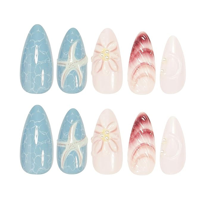 24Pcs Shell Press on Nails Medium Almond Fake Nails with 3D Starfish Flower Pearl Design Blue Gradient Full Cover Acrylic Nails False Nails Summer Beach Vacation Glue on Nails for Women Decor