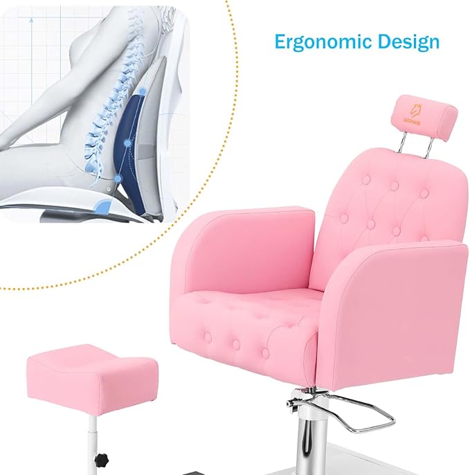 Reclining Pedicure Chair with Foot Massage Basin & Stool, Hydraulic Adjustable Pedicure Chair Station, 360° Rotation Beauty Spa Salon Unit Station Pink