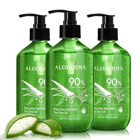 Aloderma Organic Aloe Vera Gel for Skin + Tea Tree Oil, Made within 12 Hours of Harvest, Soothing Pure Aloe Vera Gel for Face, Works Great for Scalp, Acne & Aftershave, All Natural Aloe Gel - 10.6 Oz