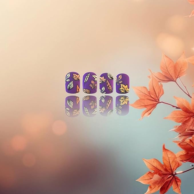 Maple Leaf Press on Nails 24Pcs Fall Leaves Stick on Fingernails Matte Purple Acrylic Fake Nail Thanksgiving Short Square False Nails Autumn Gel Glue on Nail for Coquette Women Girls