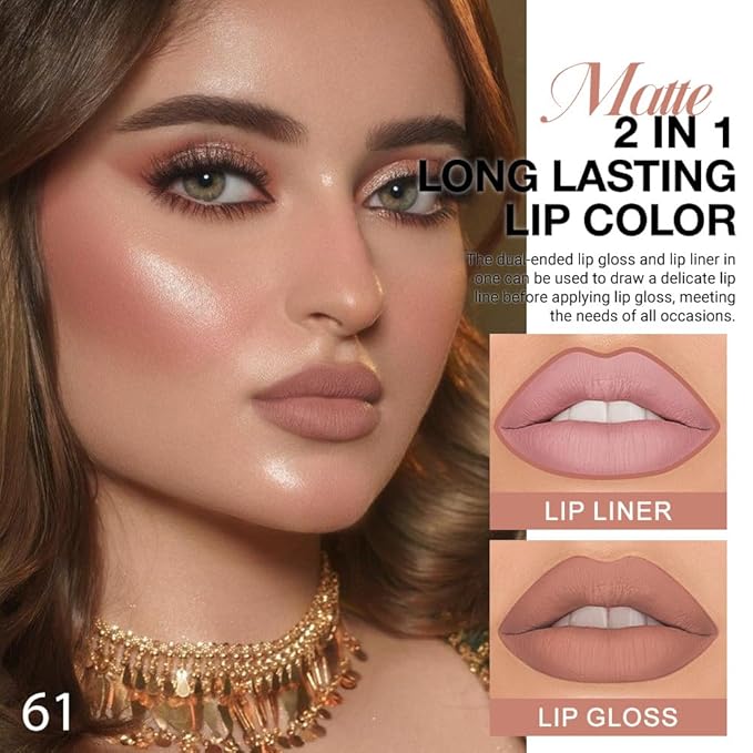 1Pcs 2 in 1 Nuetral Nude Matte Lip Liner and Liquid Lipstick Stain Makeup Set for women, Nuetral Nude Long Lasting Smudge Proof Lip Tint Matte Finish Lip Gloss for All-Day Color Hold Easy to Use 61#