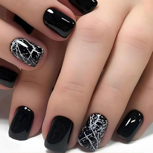 Black Press On Nails - Short Square Glossy Marble Acrylic Squoval Dark False Nails with Designs - Natural Summer Glue On Full Cover Stick On Nails for Women Girls - 24Pcs