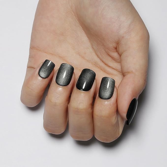 Short Square Press On Nails White to Grey Gradient Cat Eye Press on Nails with Glue for Women Ashionable Gel False Nails Reusable Acrylic False Nails Glue On Nails Kit, water gloss white