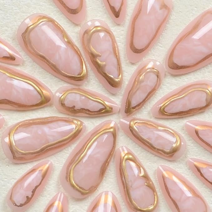 Gold Press on Nails Long Almond Fake Nails with 3D Gold Line Designs Stick on Nails Pink False Nails Glossy Handmade Acrylic Glue On Nail for Women Nail Art Decoration 24Pcs