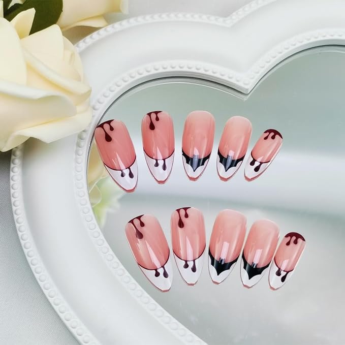 Halloween Bat Press on Nails Medium Almond Fake Nail with Blood Drop Designs White French Tip Acrylic False Nail Horror Glue on Nails Full Cover Halloween Stick on Nails for Women Party Manicure 24Pcs