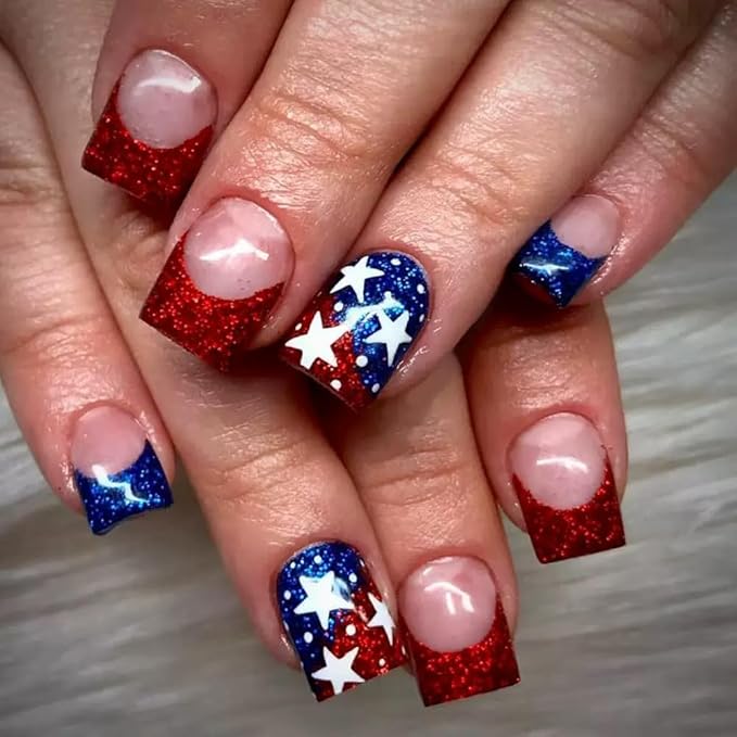6 Packs (144 Pcs) 4th of July Press on Nails, Short Square Press on Nails, Star Fake Nails Red Blue Independence Day False Nails for Women, Stick on Nails Kit 12 Sizes-6Styles