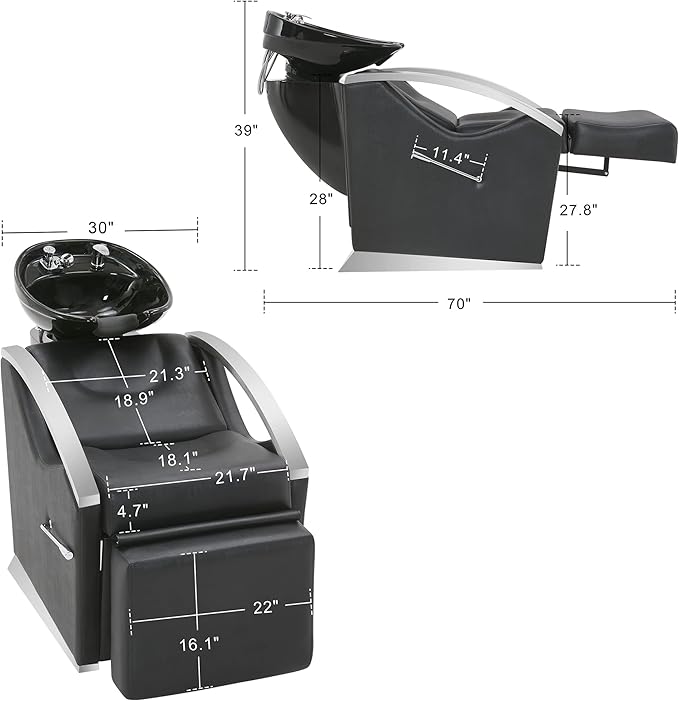 BarberPub Backwash Shampoo Station Chair Unit with Leg Rest, Adjustable Ceramic Shampoo Bowl Sink and Chair Set for Home Salon, Barbershop 9077 (Black)