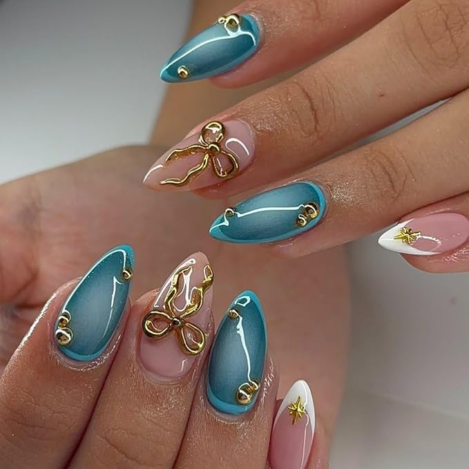 Blue Press on Nails Medium Almond Fake Nails with 3D Gold Bow Steel Ball Charms Design White French Tips Glue on Nails Glossy Blue Artificial False Nails for Women Girls Manicure Decoration Tips 24Pcs