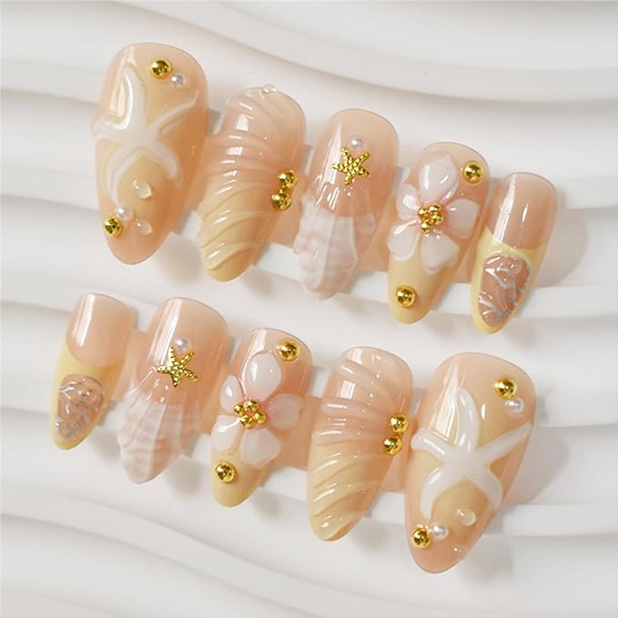 24Pcs Handmade Press on Nails Almond Medium Fake Nails with Gold Bead Starfish Charms Design Glossy Summer Glue on Nails 3D Flower Acrylic Nails Yellow Artificial French Tip Stick on Nails for Women