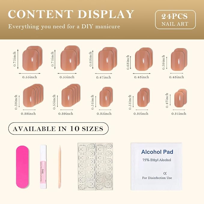 evpct Nude Brown Press on Nails Short Midium Oval for Women Gift, Glossy Brown Fake Nail with Soft Gel Salon Quality Reusable Stick on Nails Full Cover Artificial Nail Glue Soft Gel Set Kit 24Pcs, 02