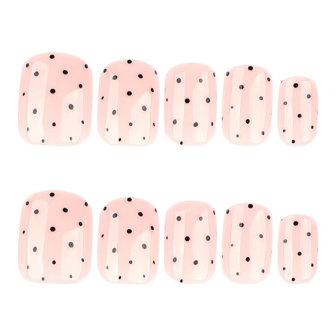 Soft Pink Short Press On Nails Square, Cute Fake Nails with Black Polka Dot Detail, Glossy Gel Finish Acrylic Nails, Daily/Party Reusable Glue On Nails Kit for Women, 24Pcs