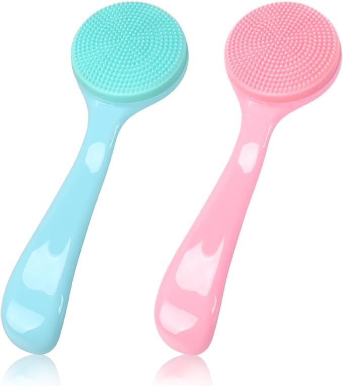 Silicone Manual Facial Cleansing Brush, NADUSEP 2 Pack Skin Friendly Soft Bristles Waterproof Face Scrubber Exfoliating Brush for Blackheads Whiteheads Makeup Residues Removal (Blue, Pink)