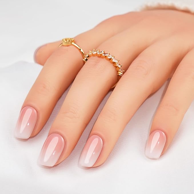 Jofay Fashion Press On Nails - Short, Square Ombre Gel Nails, 24PCS Kit with Glue, Fit Perfectly & Natural Look in 12 Sizes