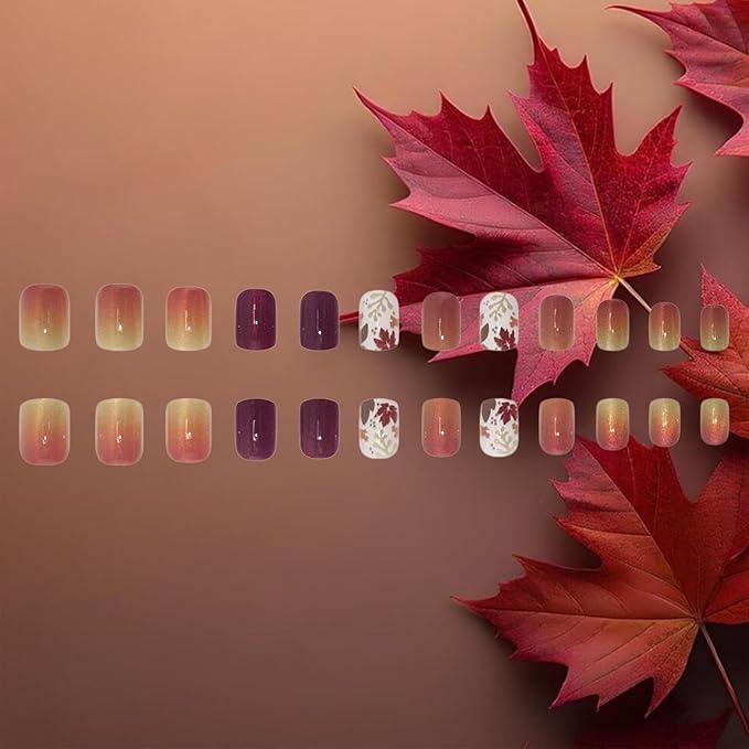 Maple Leaf Press on Nails Fall Leaves Stick on Fingernails Thanksgiving Short Square False Nails 24Pcs Glossy Silver Glitter Acrylic Fake Nail Autumn Gradient Gel Glue on Nail for Coquette Women Girls