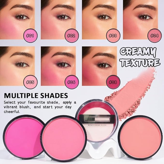 Natural Single Matte for Face Cheeks Blush with Makeup Powder Puff, Nude Skin Monochrome Blush Cream Powder Makeup Palette Blushes Long-lasting Color Blendable Foundation for Women Every Day 03
