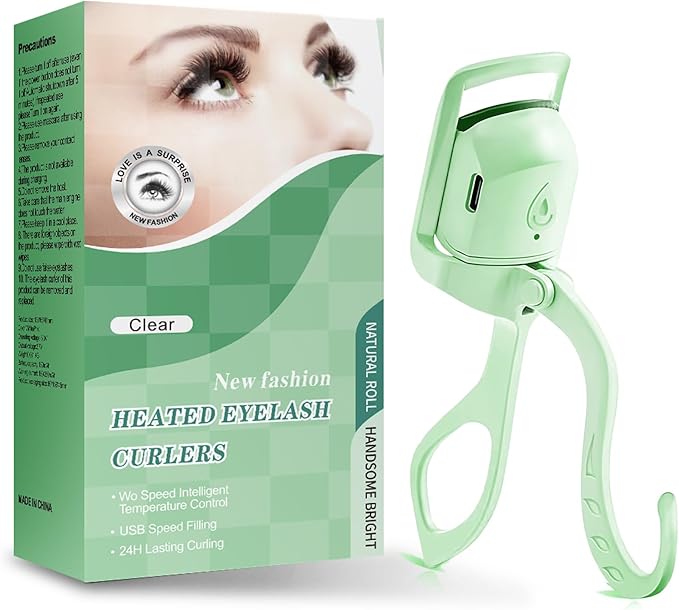 Heated Eyelash Curler – 5s Fast Heat-Up, 24H Long-Lasting Curls, Safe Anti-Burn Design – Rechargeable C-Shaped Electric Lash Curler for Stunning, Effortless Lashes, Green