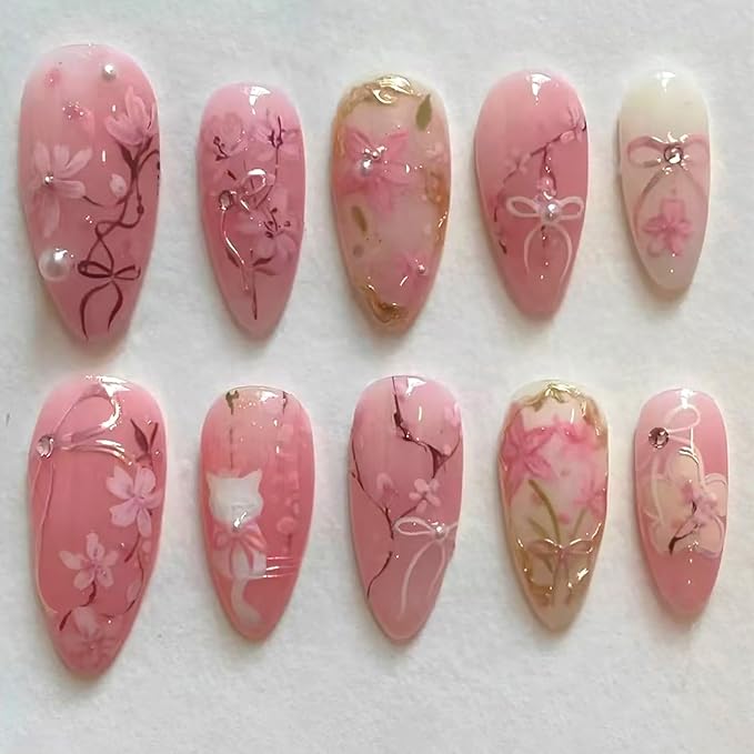 30Pcs Pink Flower Press on Nails Medium Almond Fake Nails with 3D Pearl Bow Rhinestones Design Gilding Peach Blossom False Nails Cute Cat Spring Floral Stick on Nails for Women Summer Decor