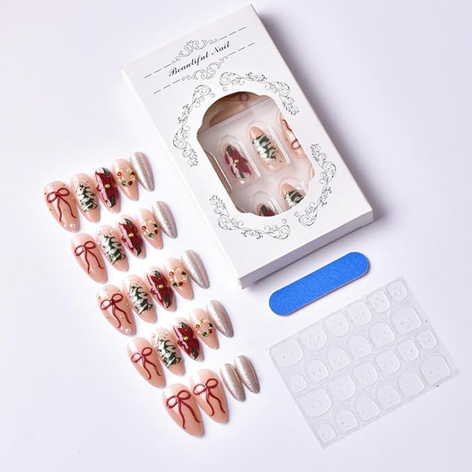 24Pcs Christmas Press on Nails Medium Almond Fake Nails 3D Red Bow with Silver Glitter Pearl Rhinestones Design Christmas Tree Wreath Flowers False Nails Christmas Glue on Nail for Women Manicure DIY