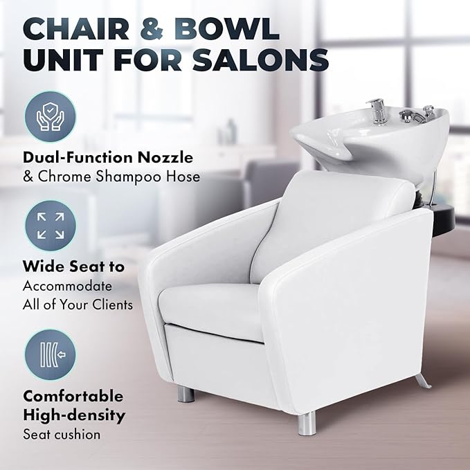 Buy-Rite Shelby Shampoo Backwash Station for Salons - Deep Tilting Porcelain Bowl with Dual Function Nozzle, Extra-Wide Seat, Built-in Vacuum Breaker, Lumbar Support, Modern White Design, YLG-556-WHT