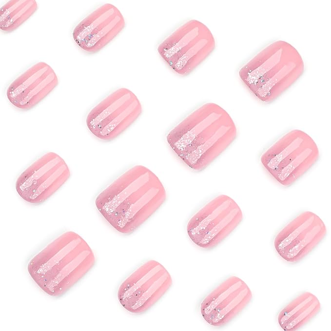 Square Press On Nails Short – Nude Pink Glitter Acrylic Fake Nails, 24PCS Glossy Thick False Nails Kit, Durable Reusable Stick On Nails with Glue & Tools for Women, DIY Salon Manicure