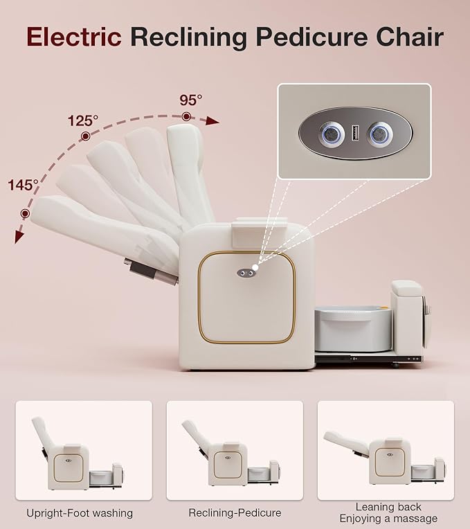 VARONXE Electric Reclining Pedicure Chair No Plumbing for Foot Spa, Profesional Pedicure Stand with Tool Pouch for Nail Teach, Ergonomic Pedi Sofa with Sliding Tray for Small Spaces, Off-White