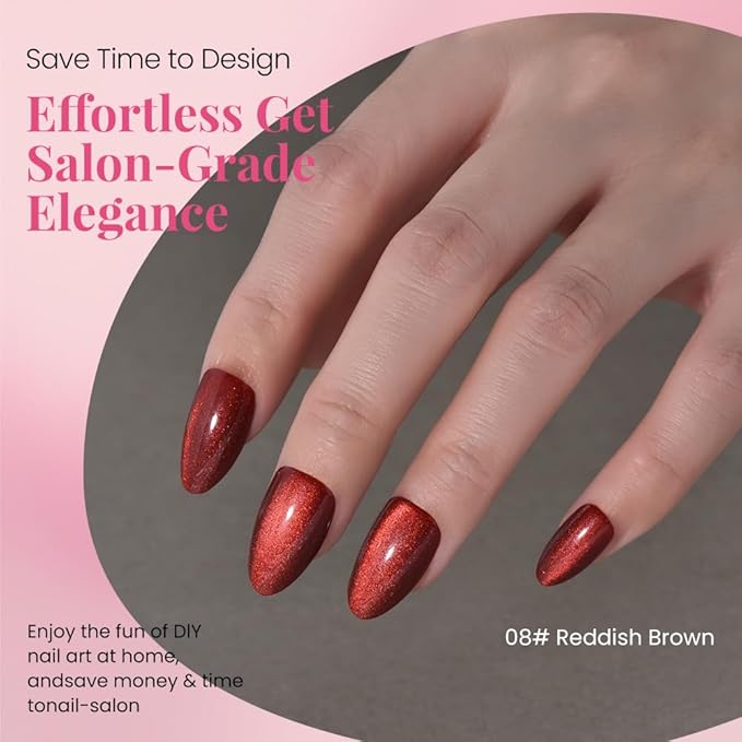 Cat Eye Press on Nails Short Almond - Dark Cherry Red Reddish Brown Shimmer Glossy Press on Nails Women Girls Gift, Soft Gel Press Glue On Nail with Glue Full Cover Reusable Acrylic Fake Nail Kit